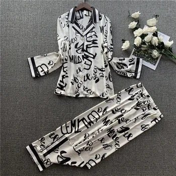 

Letter Print 2 Piece Pajamas Set for Women Turn-down Collar Full Long Sleeve Trousers Faux Silk Homewear Women's Pajamas