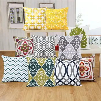 

Geometric Embroidery Cotton Cushion Cover Gray Yellow Pillow Covers Floral Leaf Decorative Sofa Cushions Pillowcases Home Decor