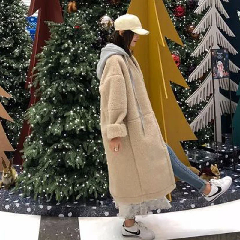 Voobuyla/зимнее пальто для женщин, плюшевые пальто, теплое ветрозащитное пальто, Женское шерстяное пальто, однотонное длинное пальто с капюшоном, Повседневная Уличная одежда