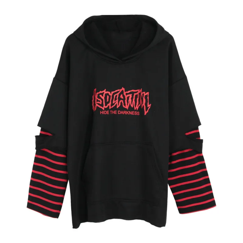 

Women Sweatshirts Stripe Patchwork Hole Long Sleeve Hoodies Casual Loose Streetwear Tracksuit Harajuku Punk Hooded Sweatshirt