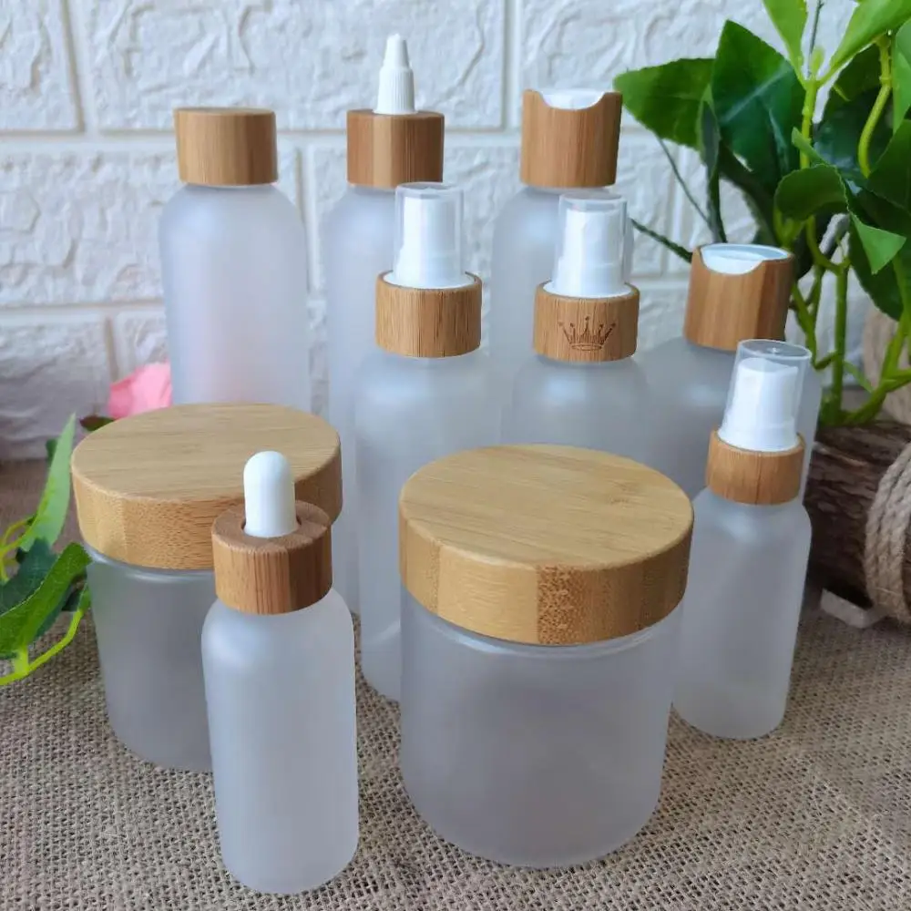 Download Cosmetic Bottle Cream Jar With Bamboo Wood Lid Frosted ...