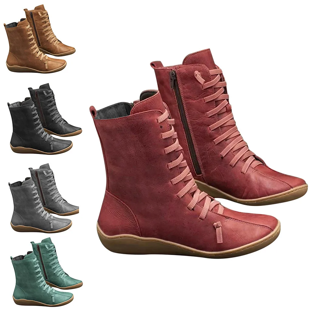 

2020 autumn Winter new Women Ladies Fashion Vintage Style Solid Zipper Flat Ladies Shoes Ankle Short Boots Punk Boots shoes #O13