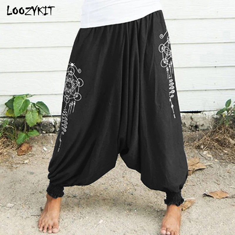 

LOOZYKIT 2019 Women Printed Yoga Pants Female Trousers Wide-Legged Slacks Bottoms Trousers Plus Size Spring Autumn Black