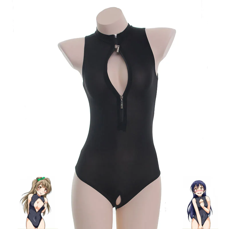 Monos de una pieza para mujer, traje de baño Sexy de Anime, Cosplay, Bikini Sukumizu con cremallera y tetas abiertas en la entrepierna