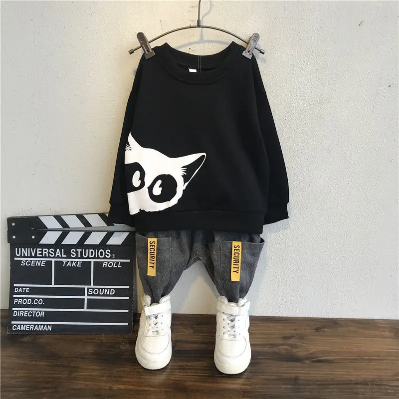 Весенне-осенний Модный комплект с героями мультфильмов для мальчиков и девочек(топ+ джинсовые штаны), новинка года, детская одежда в Корейском стиле