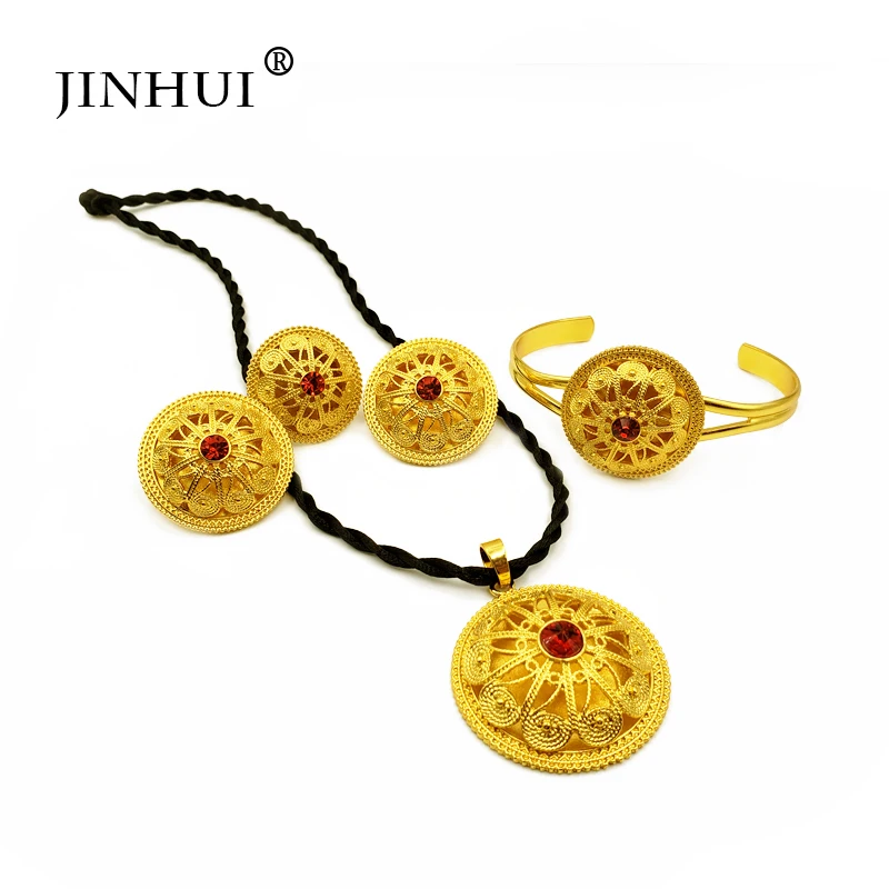 Jin Hui, эфиопские Ювелирные наборы, красный камень, подвеска, ожерелье, серьги, кольцо, золотые подарки для женщин, африканская Эритрея, свадебные ювелирные изделия