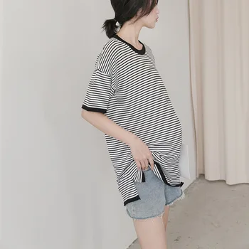 

2020 new summer pregnant women's top ice silk stripe Pullover loose large size short sleeve breathable ice hemp bottom wear