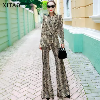 

XITAO Tide 2 Pieces Set Women Elegant Fashion Turn Down Collar Top Clothes 2019 High Waist Leopard Match All Full Pants GCC1481