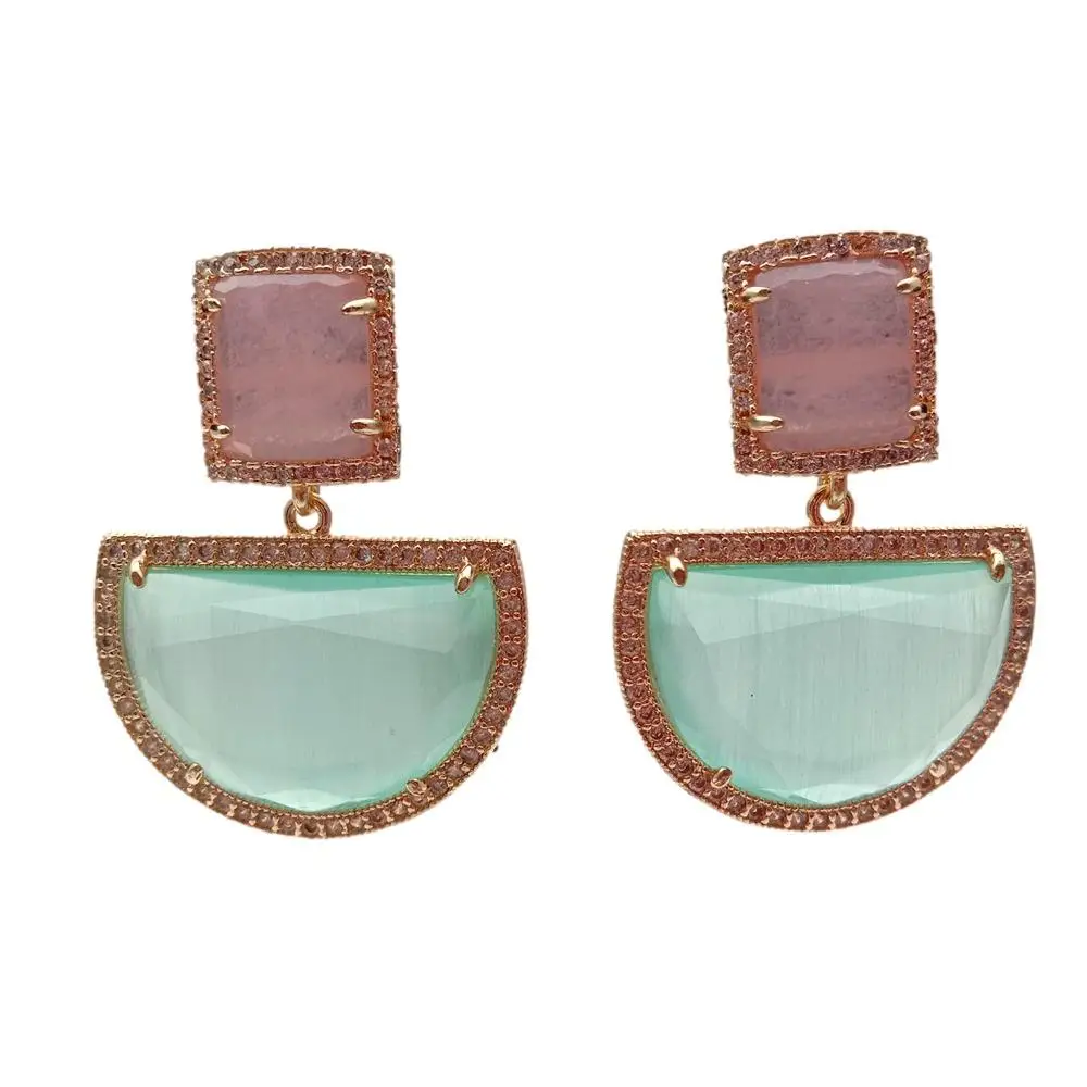 YYGEM Semicircle Green Dangle Pink Cat Eye Gold plated Stud Earrings For Women Girls