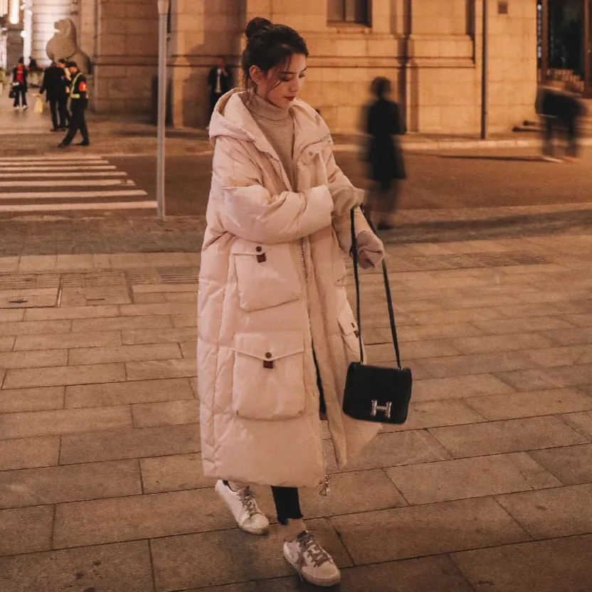

2019 Korean-style Off-white over-the-Knee Long Hooded down Coat Loose-Fit Versatile Multi-pockets Cotton Overcoat Women's Winter