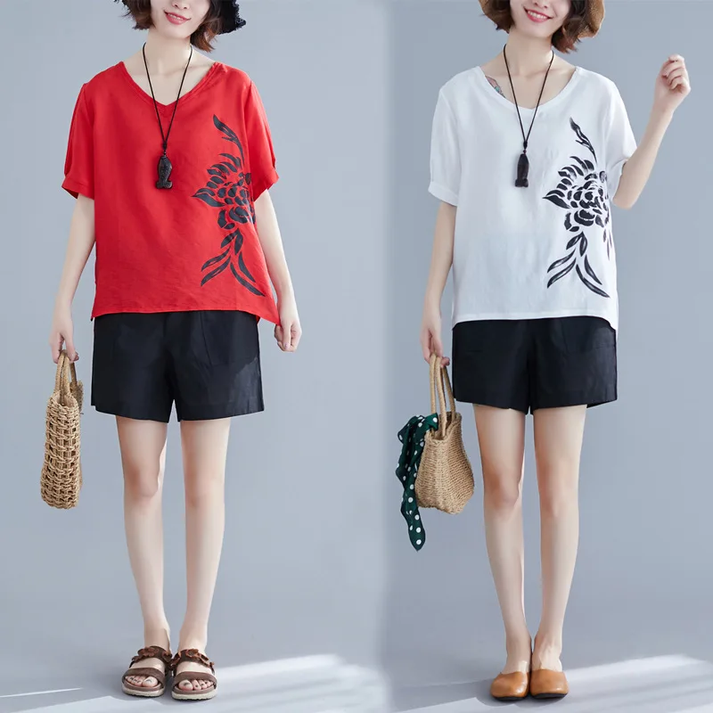 

Photo Shoot 2019 Summer Large Size Literature And Art Printed Cotton Linen Loose-Fit V-neck Shirt T-shirt Shorts Set