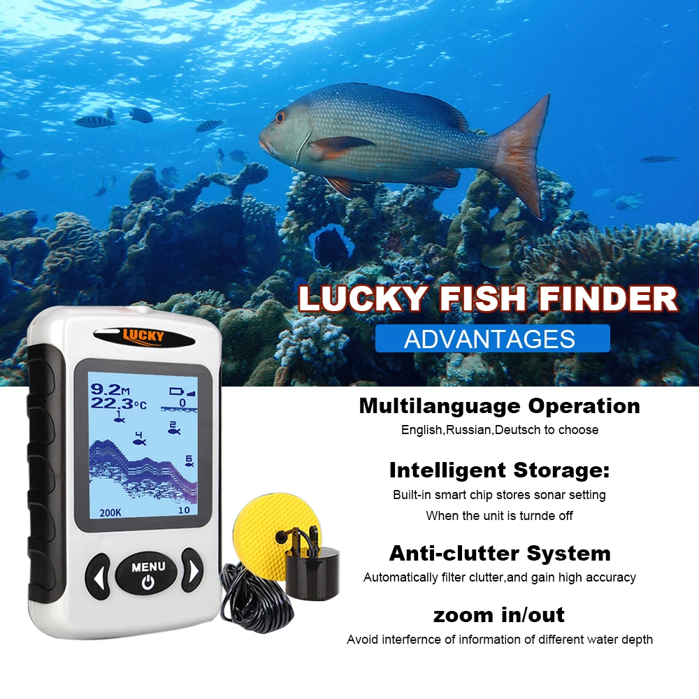 

Hot New FF718D Wired Fish Finder 2.2" LCD Portable200KHz/83KHz Dual Sonar Frequency 300 Feet Range Fish Detector Depth Locator