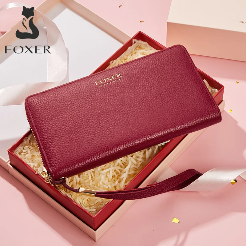 

FOXER 100% Genuine Leather Wallet Lady Luxury Long Purse Card Slot Women Money Bag Cowhide Phone Bag Female Bank Holder ID Case