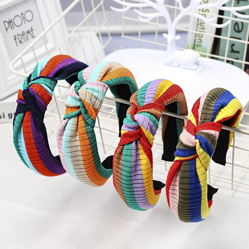 Korean-style Weep Yafeng Hair Bands Rainbow Stripes Headband Knot Hair Bands College Style Sweet Large Rims Face Wash Headscarf
