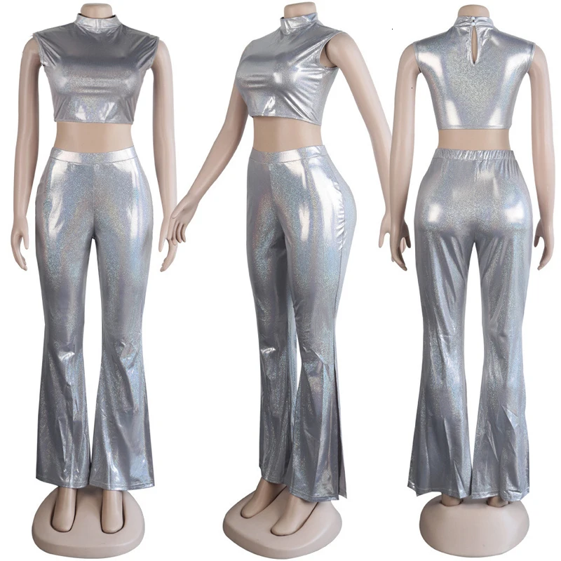 Яркий серебряный комплект из 2 предметов, облегающий женский клубный костюм, сексуальный короткий топ с разрезом сбоку, длинные штаны, обтягивающие подходящие комплекты
