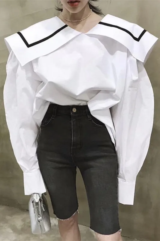 DEAT, осенняя белая Свободная блуза свободного размера с длинным рукавом-фонариком и матросским воротником, женская рубашка MG489