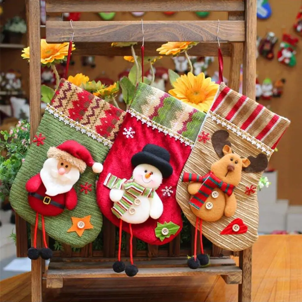 

3PCS Christmas Socks Decoration Santa Xmas Tree Hanging Party Tree Decor Gift Candy Bags Lovely Gift Bag For Children Fireplace