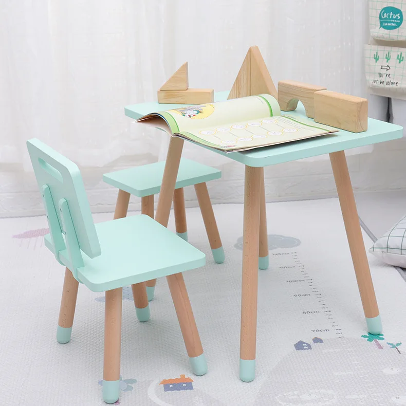 Children Desk and Chair Set Square Study Learning Desk Writing Table and Chair Solid Wood Minimalist Modern Baby Kids Furniture