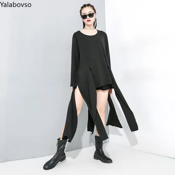 

Spring 2020 new Pullover elastic large irregular T-Shirt Medium Long Streetwear Turn-down Collar long sleeve T shirts for women