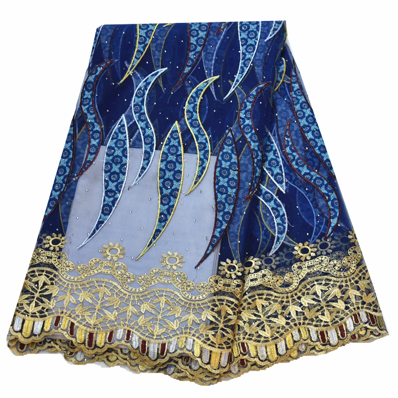 Голубая африканская восковая кружевная ткань, красочная французская кружевная ткань с камнями, нигерийские вышитые тюлевые кружевные ткани для вечерние