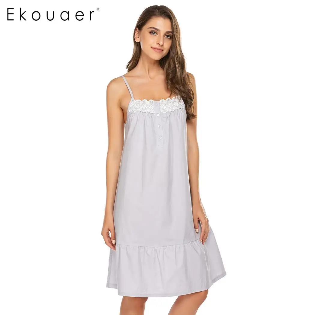 Ekouaer, женская летняя ночная рубашка, одежда для сна, кружевная отделка, пуговицы, ремень, без рукавов, ночная рубашка, платье до колен, хлопковая ночная рубашка