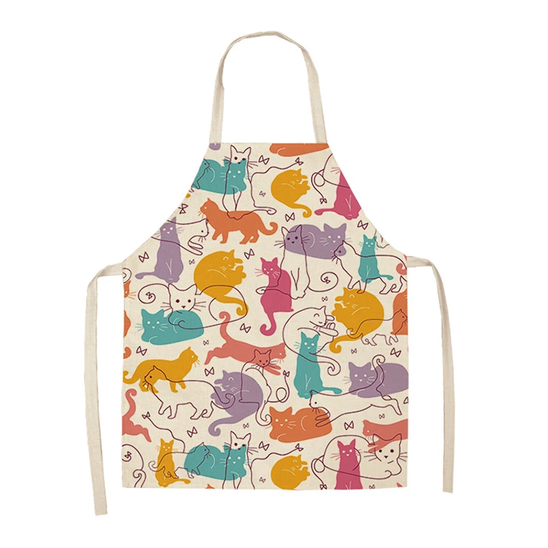 Anti-fouling 1Pcs Cotton Linen Sleeveless Cartoon Cat Printed Kitchen Apron Home Cleaning Tools for Men Women S/L