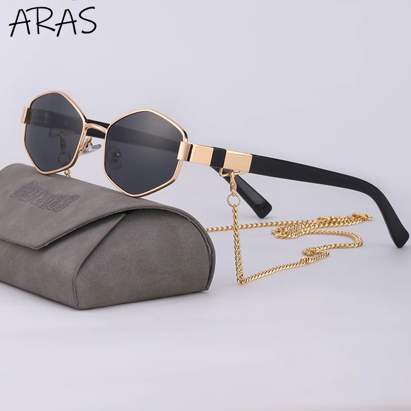 2022 Trendy Retro Hexagon With Chain Sunglasses Women Unique  Polygon Brand Designer Sun Glasses For Female Small Frame Eyewear