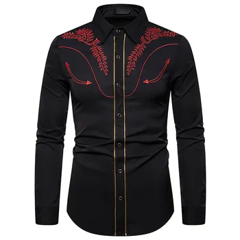 

Men fall 2019 casual fashion pointy collar embroidered shirt American western style gold border pattern embroidered long-sleeved