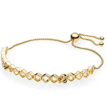 925 пробы серебряный браслет золотого цвета с блестящей Пчелой и сотами, регулировка браслета, подходит для шарма из бисера, модное ювелирное изделие