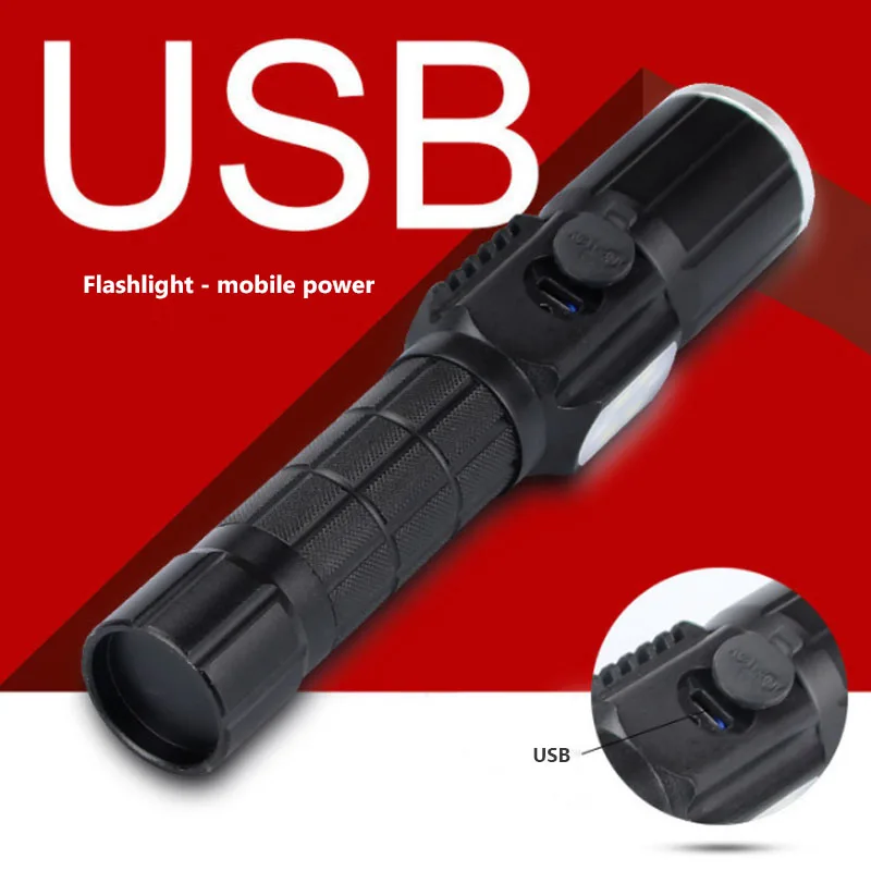 

Strong light USB charging light red blue COB flashlight warning light T6 outdoor lighting three-speed zoom