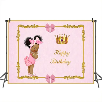 

Neoback Happy Birthday Backdrops Pink Royal Princess Photographic Background Crown Africa Girl Pattern Custom Background