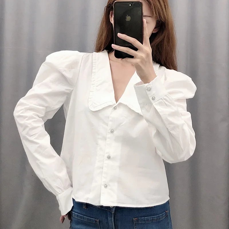 

Personality Women White Shirt Autumn 2019 New Fashion Long Puff Sleeve Blouse Modern Lady Tops