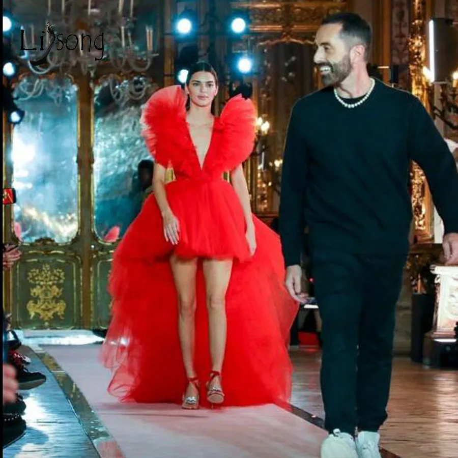 Ярко-красное Тюлевое выпускное платье с оборками, сексуальное длинное выпускное платье с глубоким v-образным вырезом, модные вечерние платья Robe De Soiree