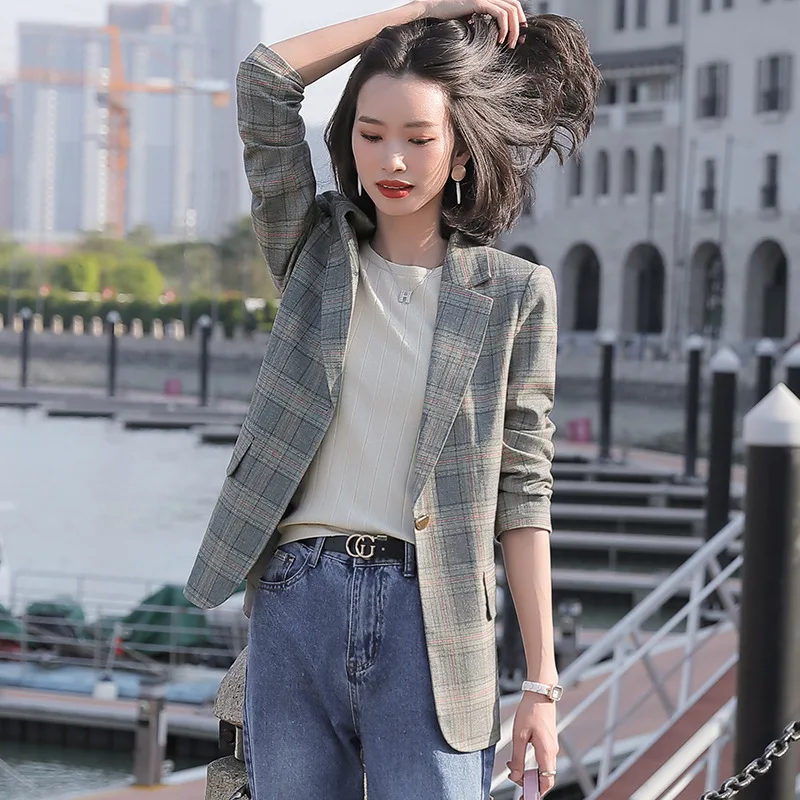 2020 new high quality ladies jacket small suit Spring and summer casual check women's blazer Fashion long sleeve coat