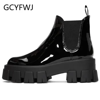 

2020 Women Platform Boots Thick Bottom Ankle Boots Woman Round Toe Slip On patent leather Chelsea Boots Woman Zapatos De Mujer