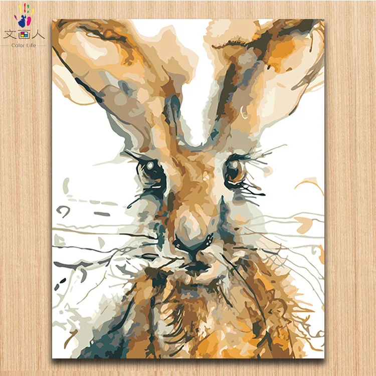 

Watercolor colorful cut rabbit picture coloring paint by the number with paint colors in color digital oil painting by numbers