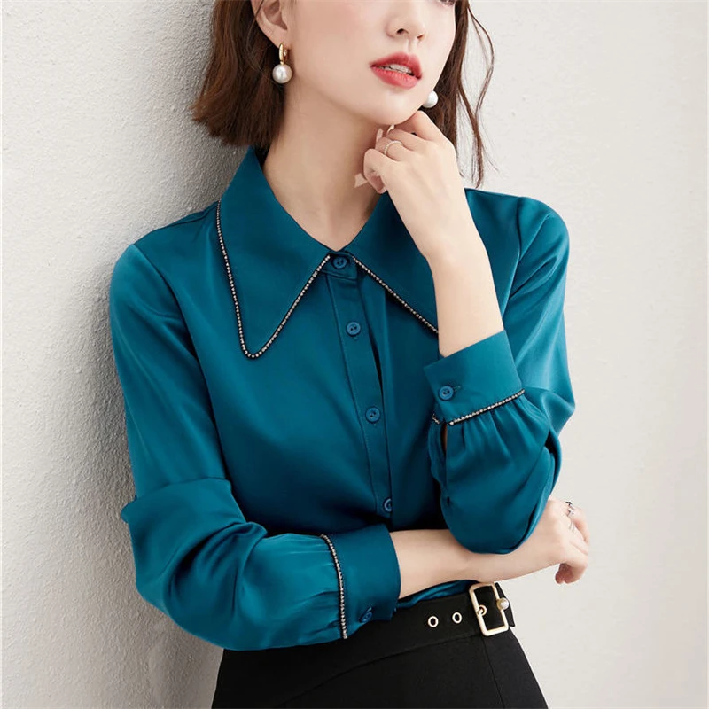 

Elegant Solid Color Women Satin Shirt Blouse 2021 Spring Fashion Top Lady Casual Short Sleeve Blusa Mujer