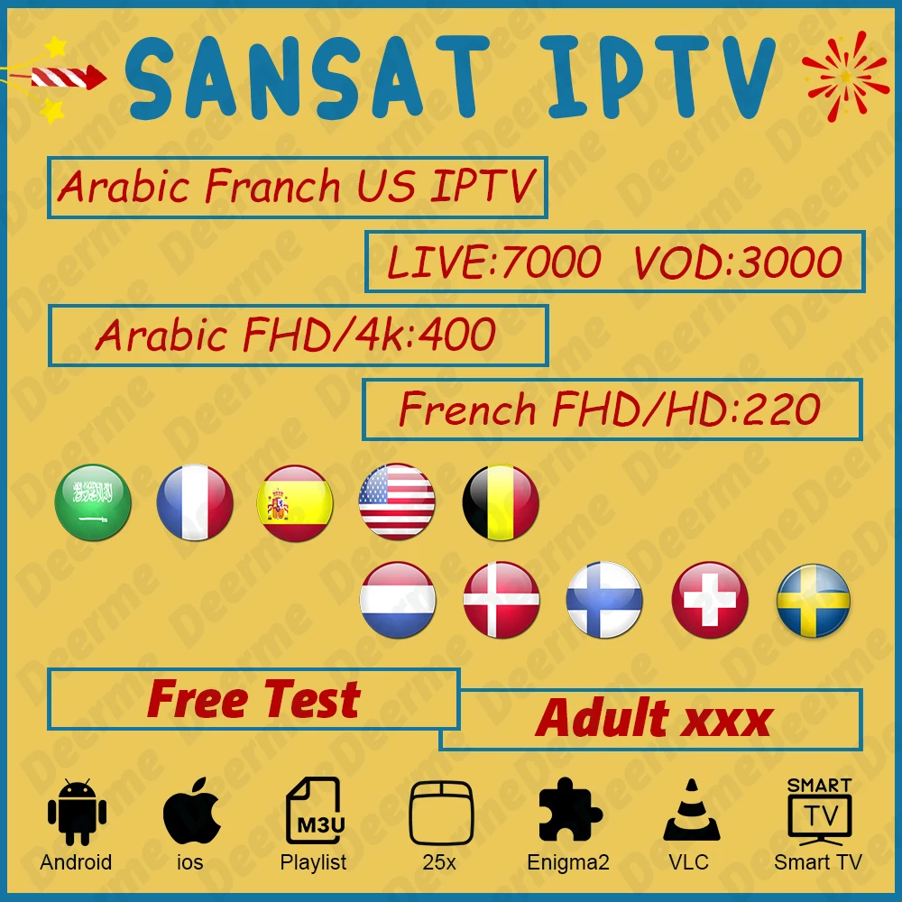 

Sansat IPTV Subscription Europe IPTV France Spain IPTV Arabic USA Netherlands Arabian XXX Android TV Box IOS M3U Smart TV