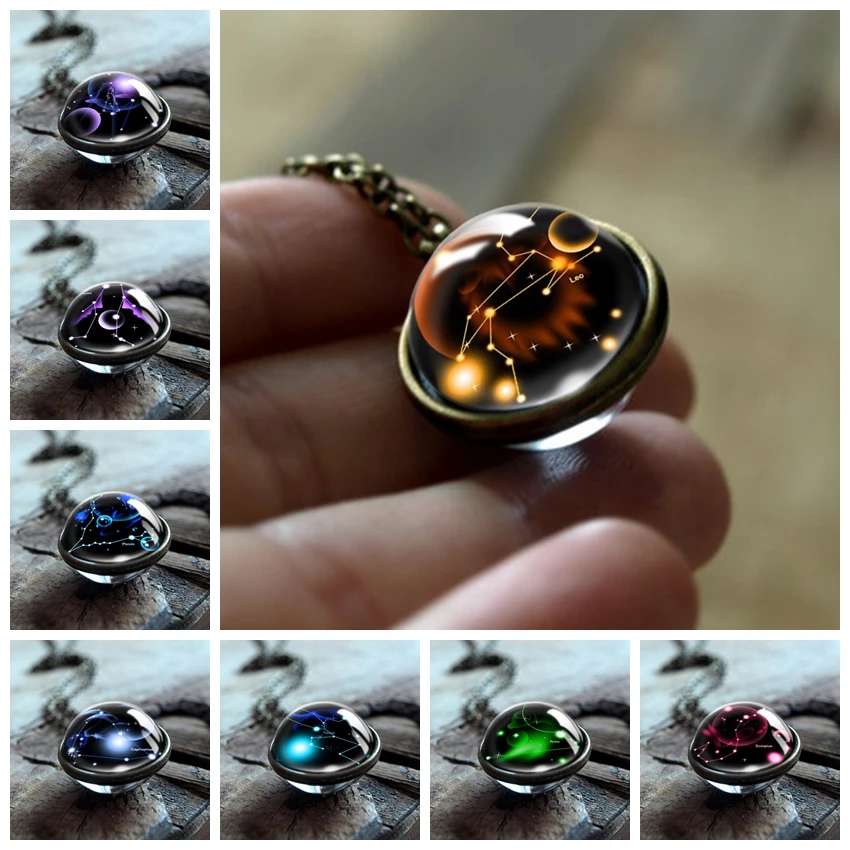 Colar de pingente de cabochão, colar com 12 constelações de vidro dupla, corrente vintage de sinais do zodíaco, joia para meninas e mulheres