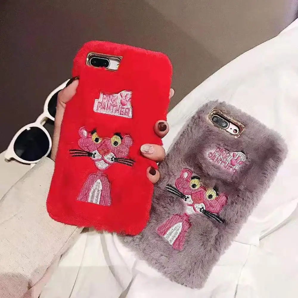 

Warm winter fuzzy Pink Panther phone case for iphone XS MAX XR X cover for iphone 7 8 6 6s plus capa back fundas