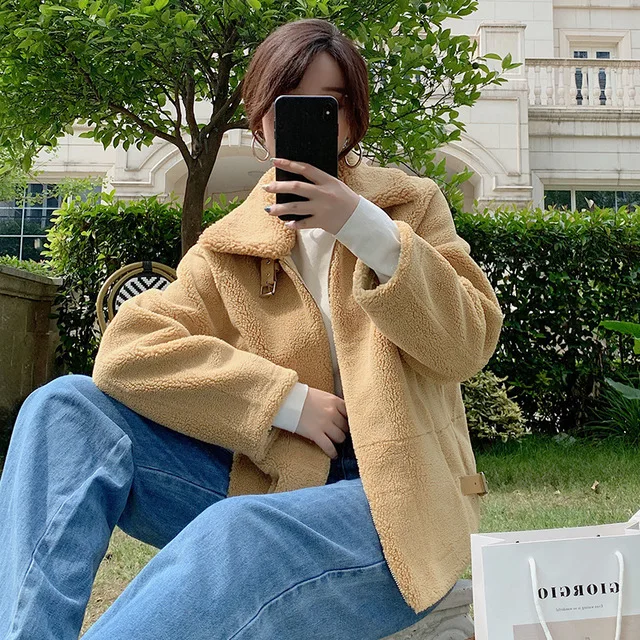 

2019 Autumn/Winter Korean Faux Fur Coat Female Lamb Fur Grass Granules Sheep Shear Short High Quality Faux Fur Jacket