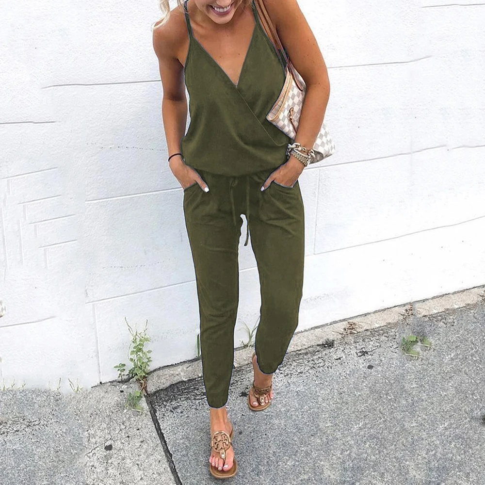 Cross V Neck Sling Summer Jumpsuit Loose Elastic Waist Casual Streetwear Clothes Sleeveless Backless Pencil Women Rompers Femme