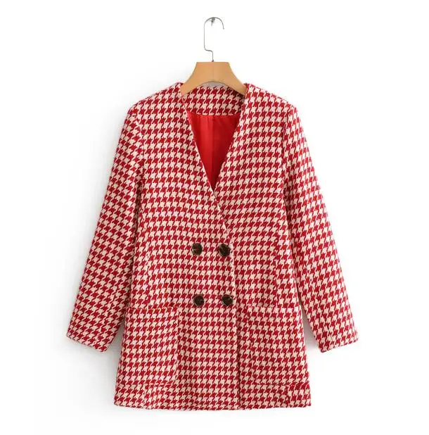 SHE8166 Red Женское зимнее длинное пальто повседневные блейзеры poppy plaid v шеи двубортное красное SML с полной подкладкой с длинным рукавом Прямая - Цвет: SHE8166 Red