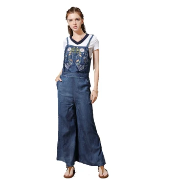 

Women knitting Strap Embroidery Sleeveless Denim Romper Loose Pattern Split Leg Zipper Pocket Jeans Jumpsuit FS1014