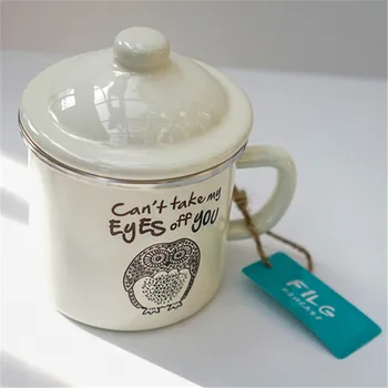 

High Quality Enamel Coffee Mug for tea Vintage Style coffee cup with cover cartoon couples mugs Creative gift for Lovers Friends