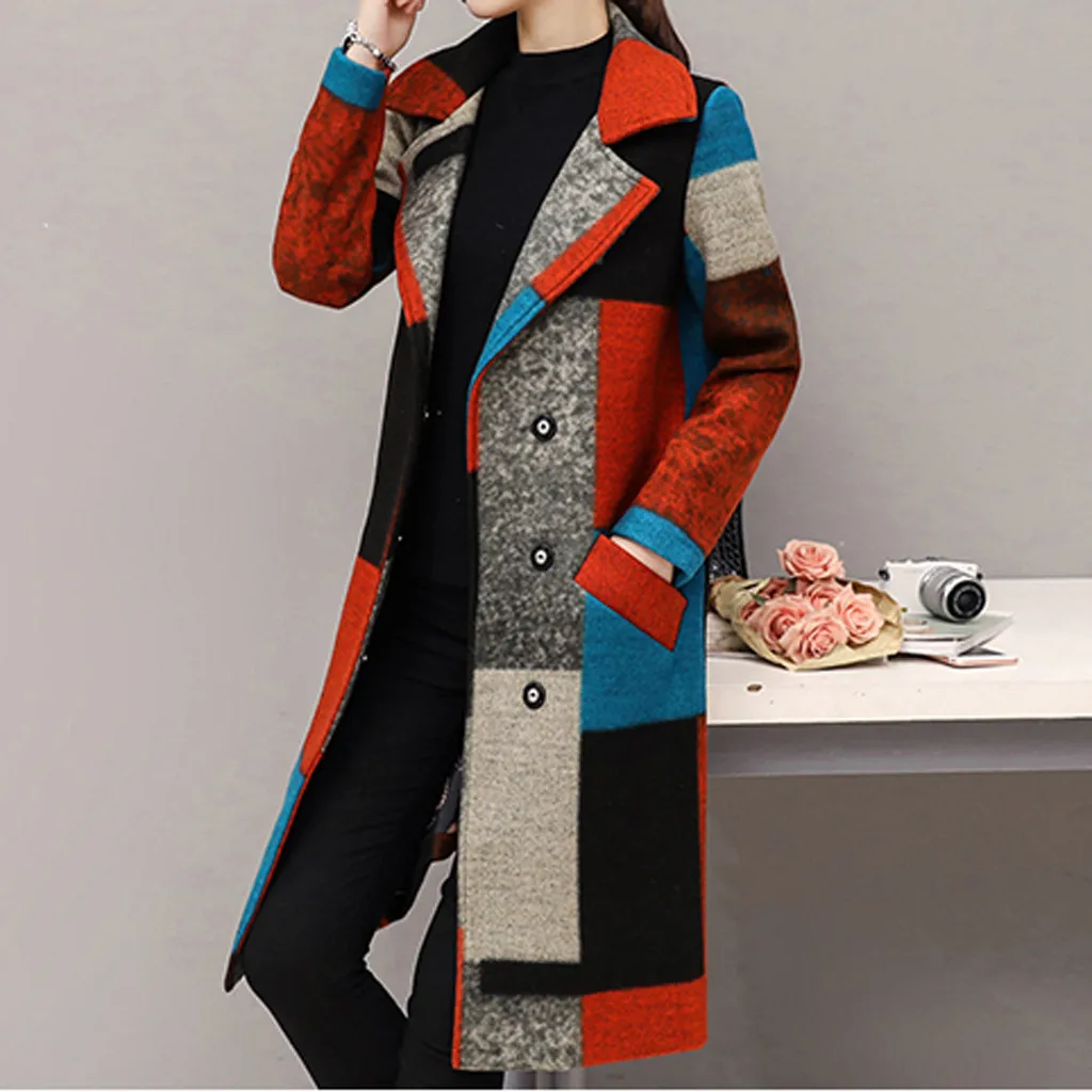 Женское пальто, осень, женское повседневное теплое пальто из кашемира, для работы, офиса, элегантное, Ретро стиль, пэчворк, длинное, шерсть, пальто# J30
