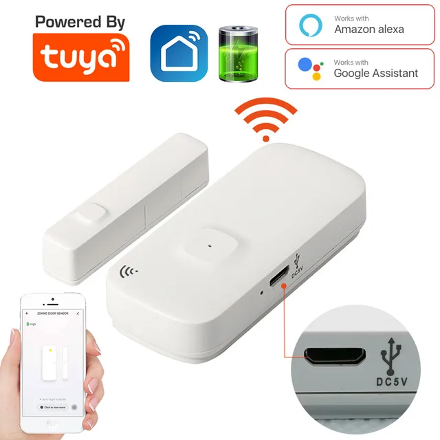 Tuya Door sensor with battery recharge port wireless Magnetic window detector Magnet switch open alarm smart life AlexaGoogle first alert smoke alarm ring compatible Alarms & Sensors