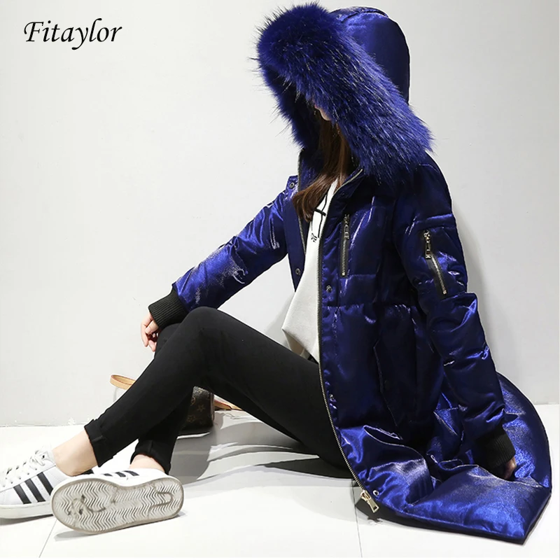 Fitaylor зимняя куртка для женщин белая утка вниз большой меховой воротник с капюшоном Длинные велюровые парки пальто женский тонкий снег Верхняя одежда