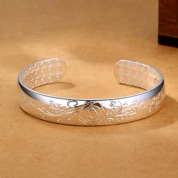 

XIYANIKE 925 Sterling Silver Fashion Flower Bangles & Bracelet Simple Geometric Handmade Jewelry for Women Size 59mm Adjustable