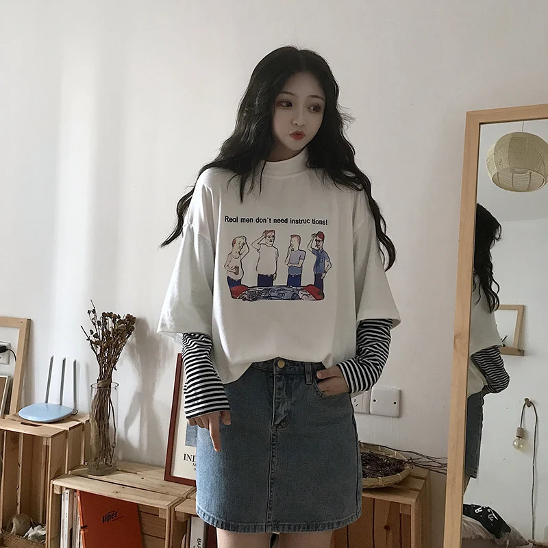 Lychee Толстовка Harajuku Лоскутная Женская футболка в полоску Поддельные 2 шт. женские
